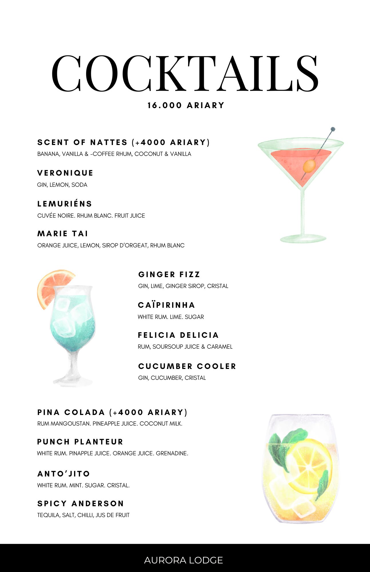 Cocktail Menu at Aurora Lodge