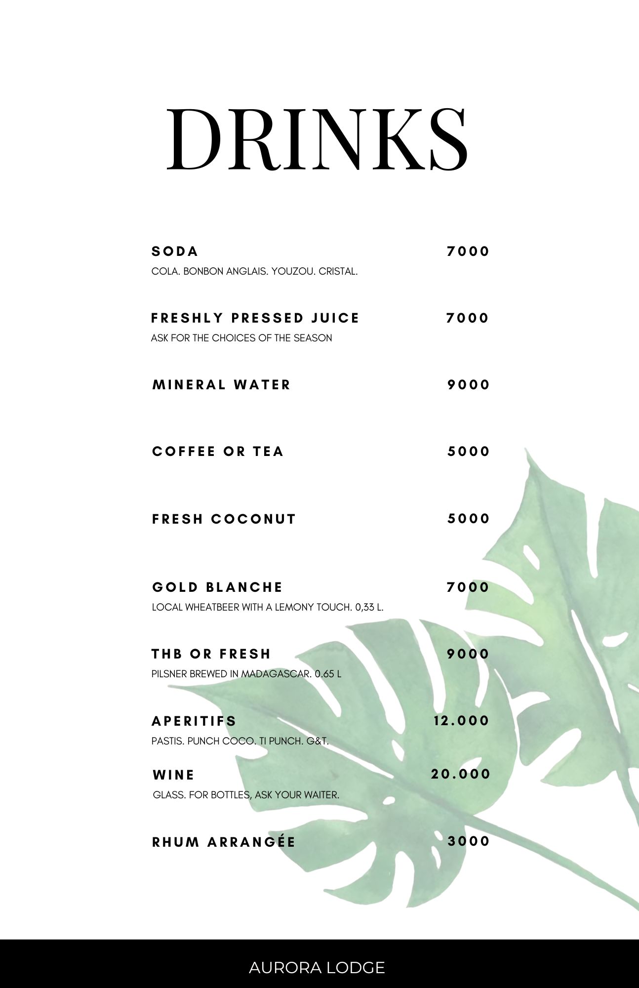 Drinks menu at Aurora Lodge