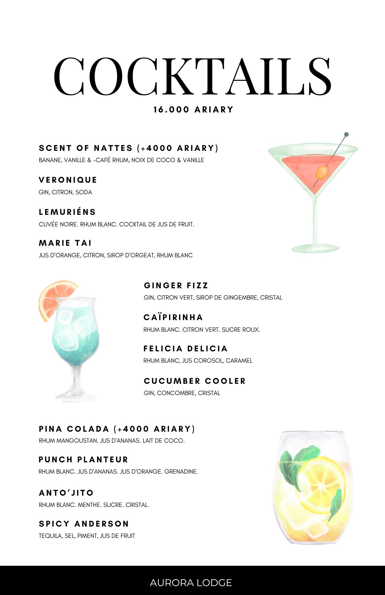 Cocktail menu at Aurora Lodge