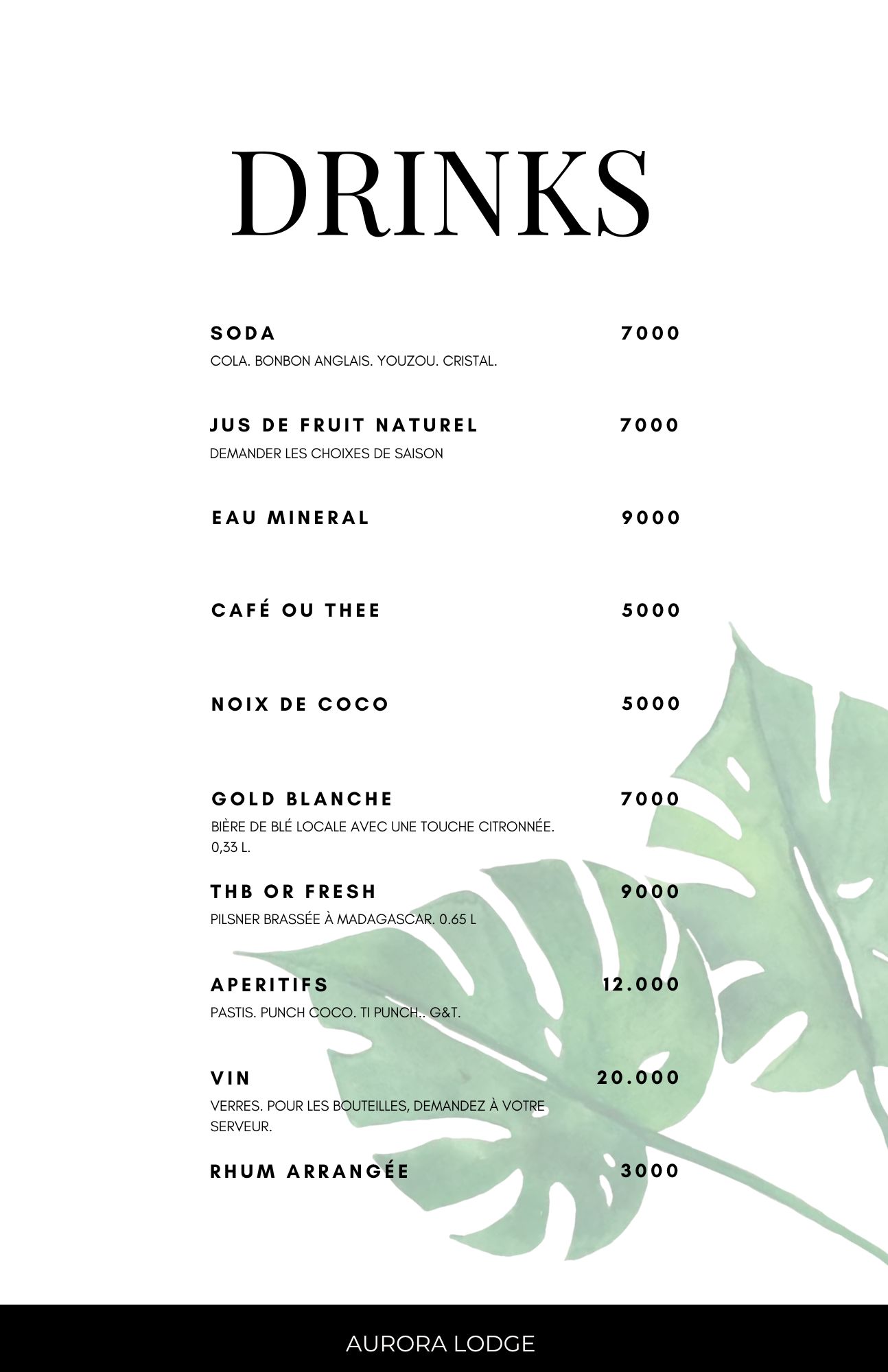 Menu de boisson a Aurora Lodge