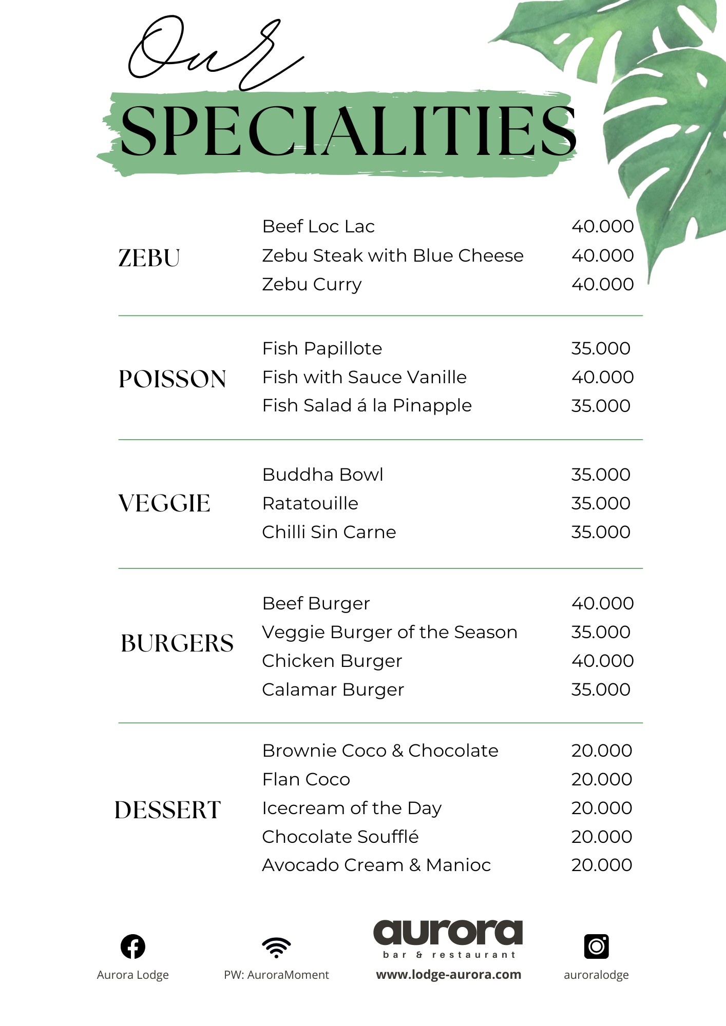 Le menu « Spécialités » de l'Aurora Resto en anglais