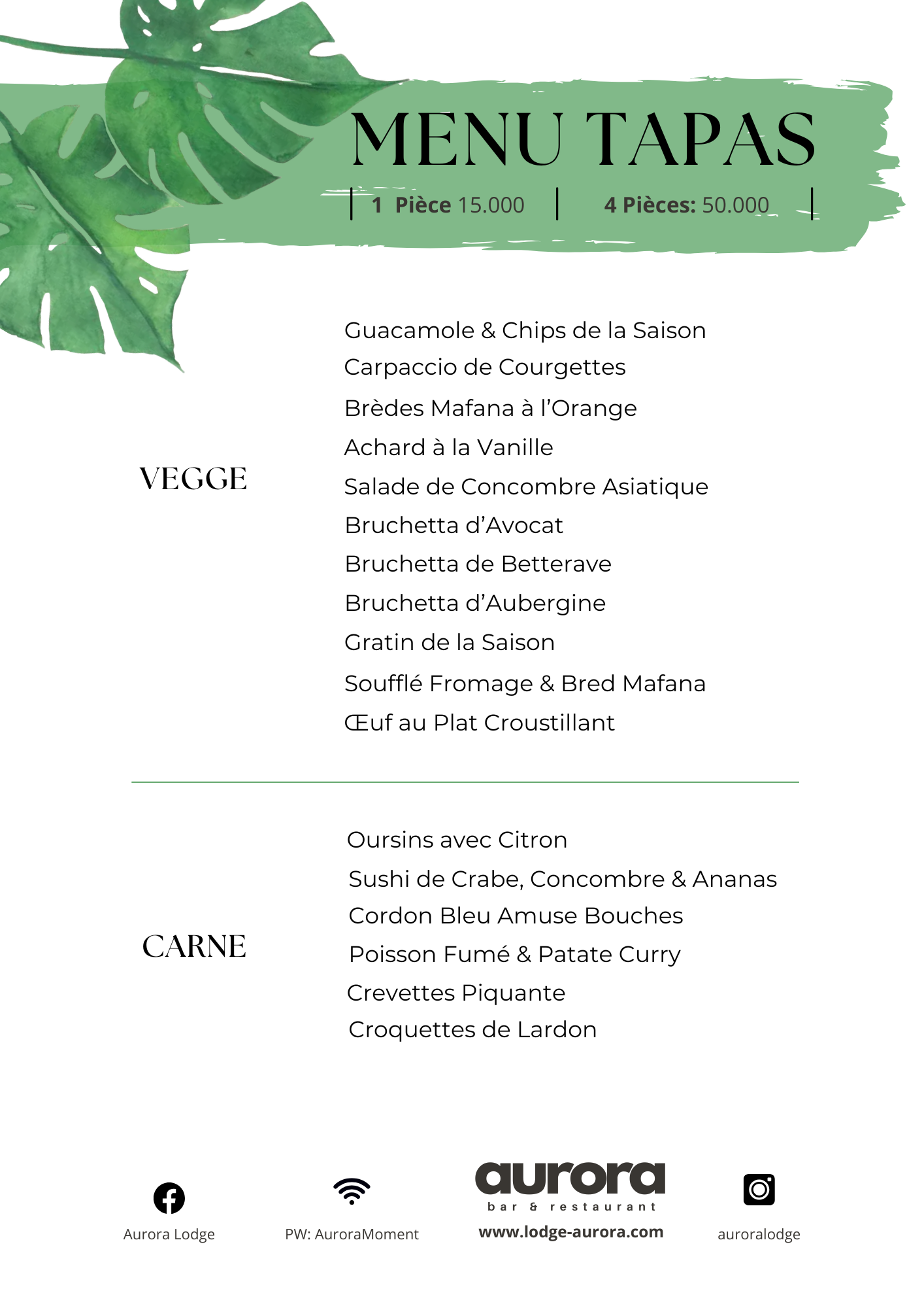 La carte des tapas de l'Aurora Resto en français
