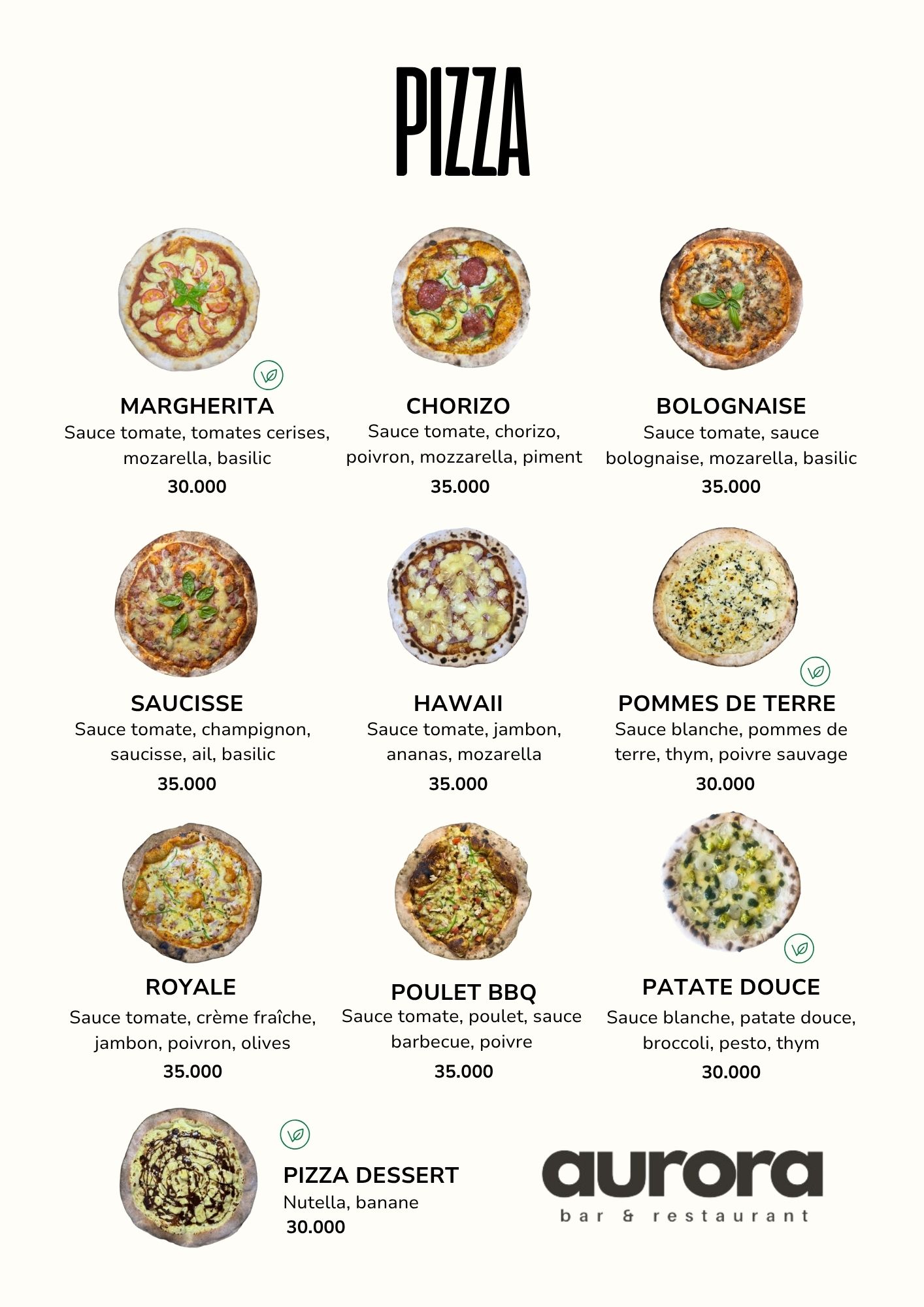 Die Pizzakarte im Pizz'Aurora auf der Île aux Nattes