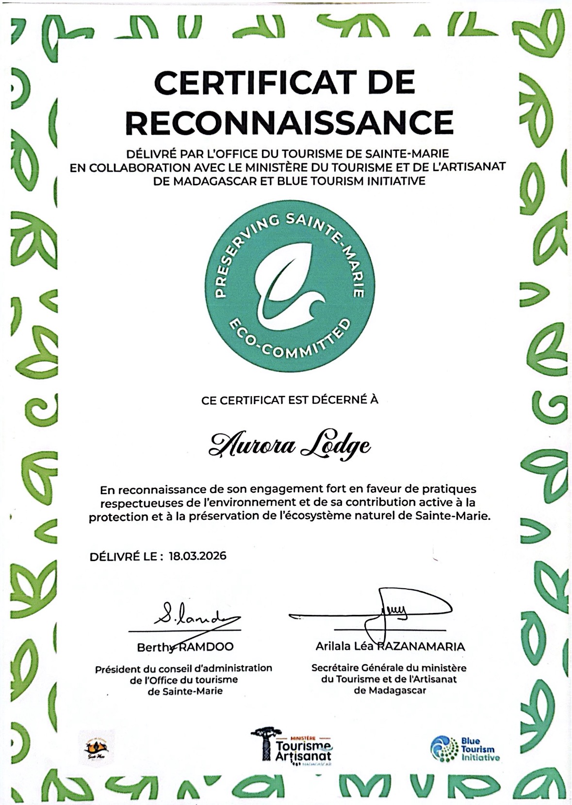 Aurora Lodge's eco-comitted certificate.