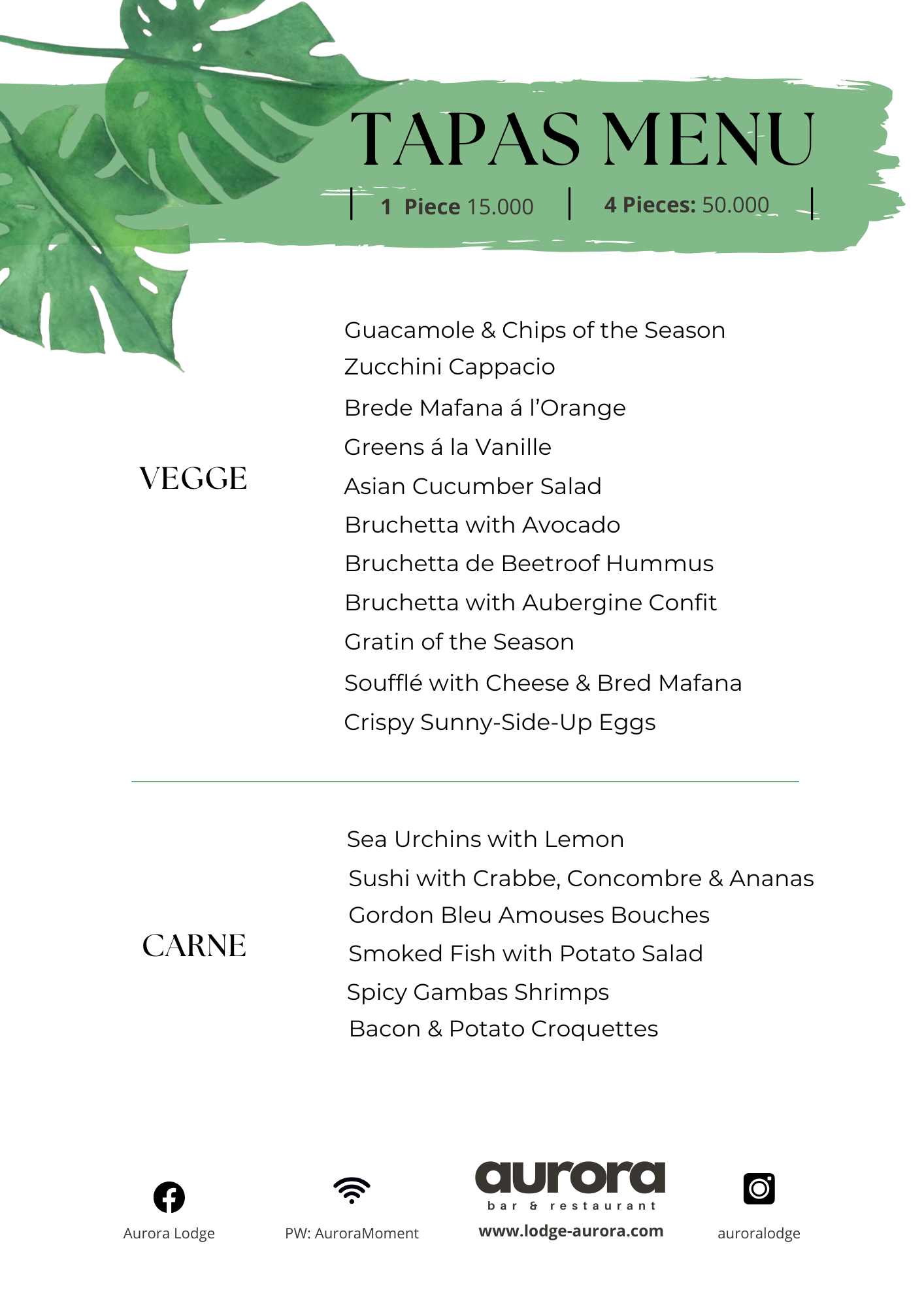 La carte des tapas de l'Aurora Resto en anglais