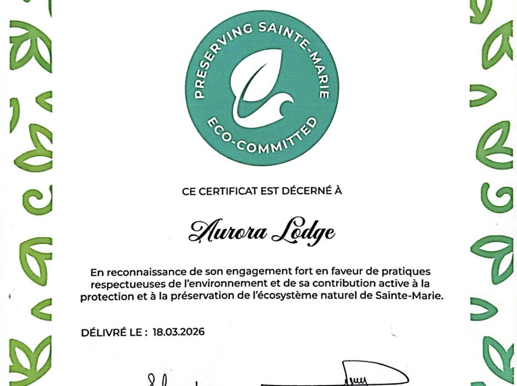 Aurora Lodge's eco-comitted certificate.